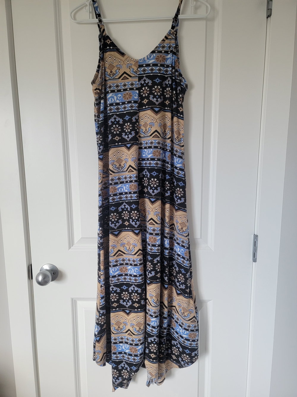 International INC Company Boho Patchwork Top in Blue, Black & Tan